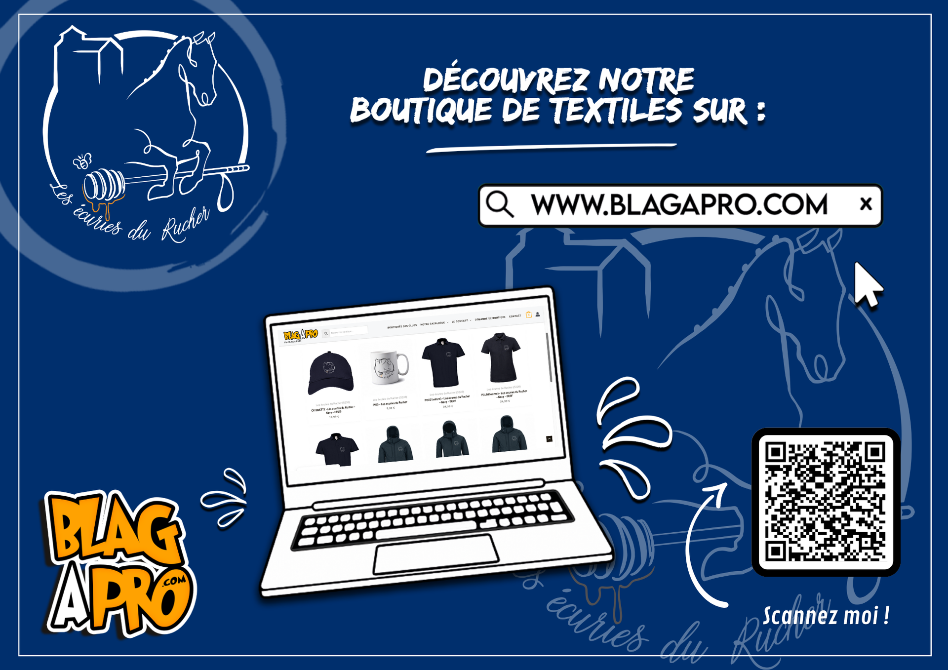 Publicité bleue pour BLAGAPRO: site web, logo, ordinateur portable et QR code.