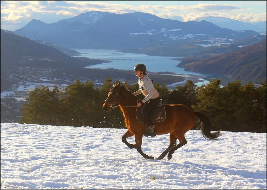 Un cavalier sur un cheval brun galope sur un terrain enneigé, avec des montagnes et un lac en arrière-plan.