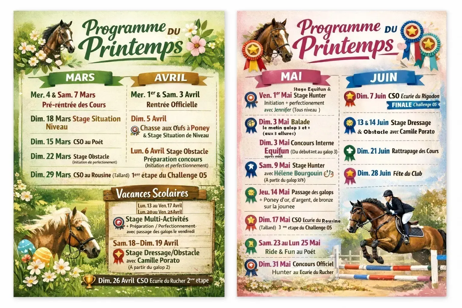 Dépliant du programme de printemps français avec deux panneaux colorés indiquant le calendrier des événements de mars à juin