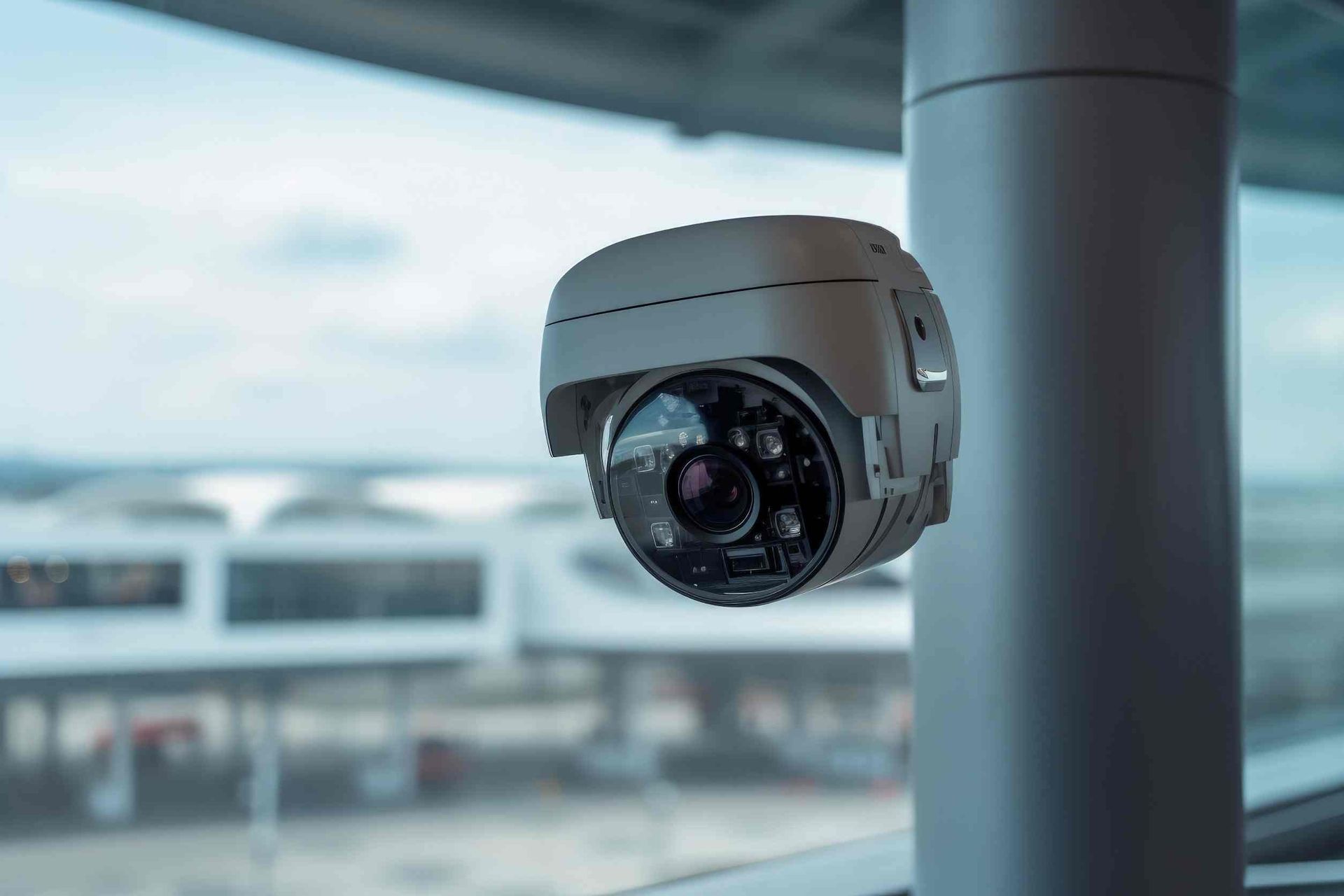 Una cámara de seguridad está montada en un poste delante de una ventana.