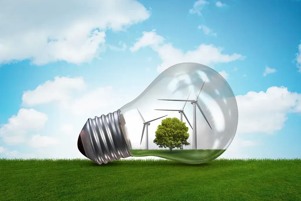 Una bombilla con un árbol y molinos de viento dentro.