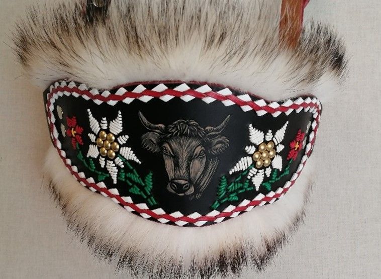 Nasenband bunt bestickt. mit der Aufschrift 30 Jahre Dominik