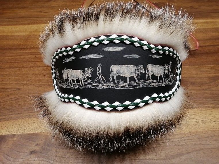 Ein Stück Fell mit einem Bild von Kühen darauf