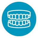 Un dibujo lineal de un par de dientes en un círculo azul.