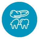 Un dibujo lineal de dos dientes en un círculo azul.
