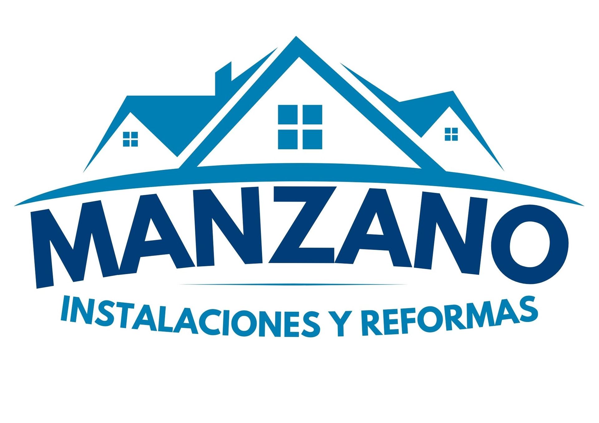 Logotipo para Manzano Construcciones y Reformas: silueta de casa azul con arco curvo, nombre de la empresa debajo.