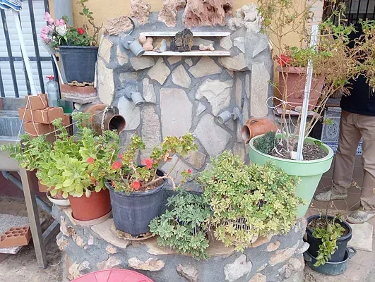 Una fuente de piedra rodeada de plantas y flores en macetas.