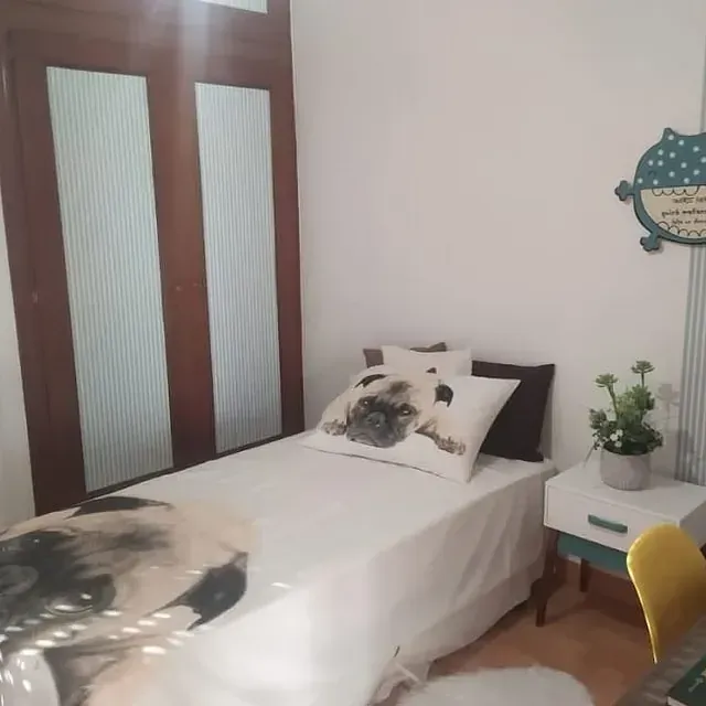 Un dormitorio con una cama y una almohada con un perro encima.