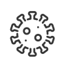 Un icono en blanco y negro de un virus sobre un fondo blanco.