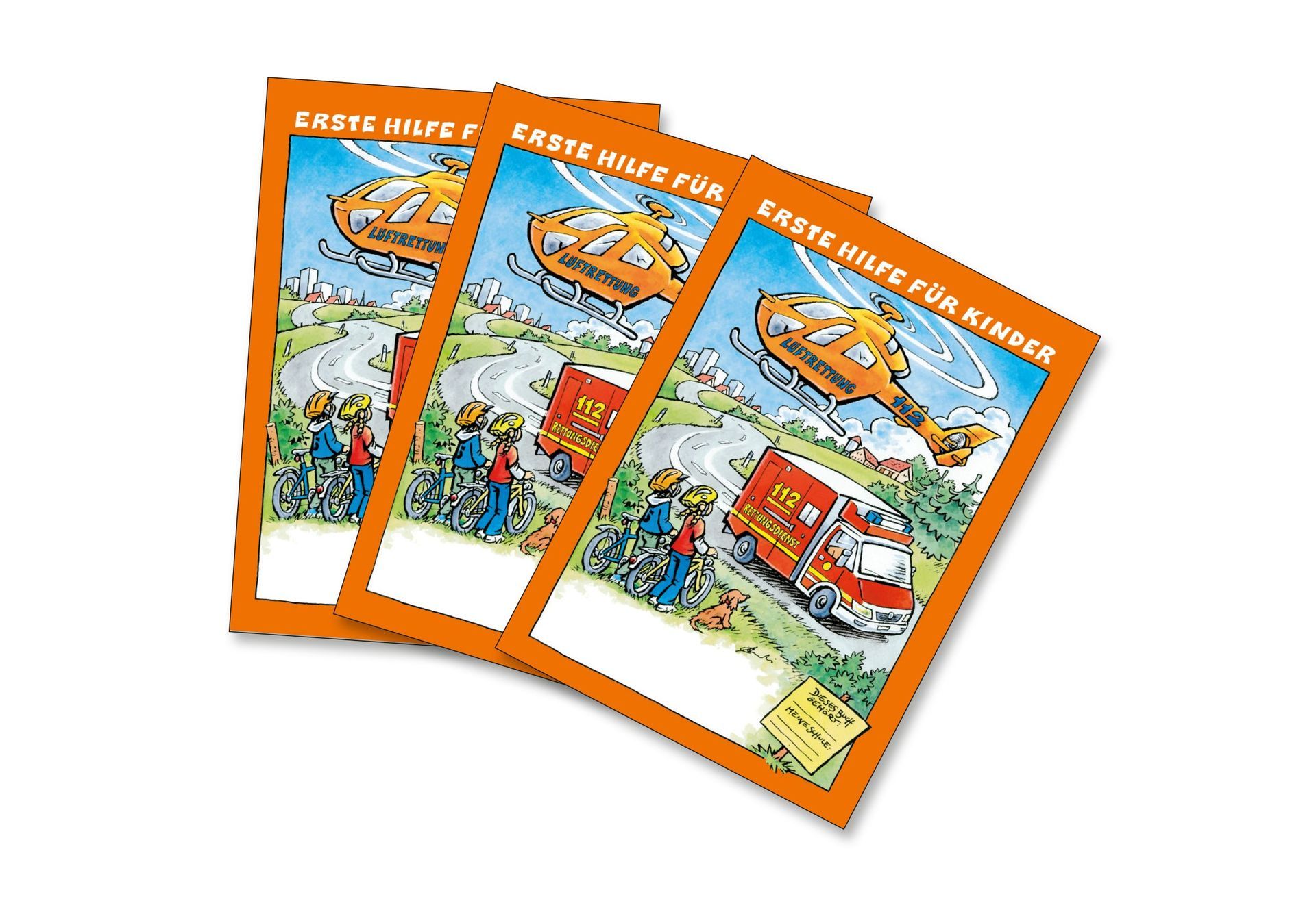Drei Broschüren mit dem Titel „Erste Hilfe für Kinder“ mit Abbildungen eines Krankenwagens, eines Hubschraubers und von Kindern.