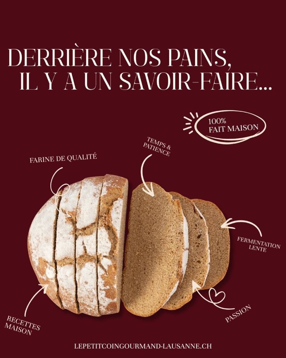 Illustration de miches de pain tranchées sur fond bordeaux avec textes et étiquettes publicitaires en français.