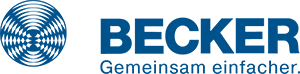 BECKER-Logo mit blauem kreisförmigem Wellensymbol und dem Wort „BECKER“ über „Gemeinsam sicher“