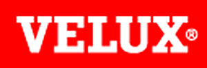 VELUX-Logo in Weiß auf rotem Hintergrund