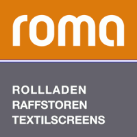 Roma logo with orange and gray background, text: ROLLADEN, RAFFSTOREN, TEXTILSCREENS