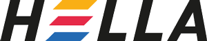 Stilisiertes „HELLA“-Logo in Schwarz, Gelb, Rot und Blau auf weißem Hintergrund