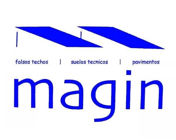 Un logotipo azul y blanco para una empresa llamada magin