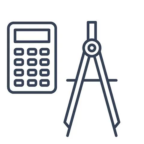 Un icono de calculadora y brújula sobre un fondo blanco.