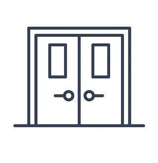 Un dibujo lineal de un par de puertas dobles sobre un fondo blanco.