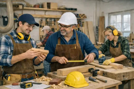 tablones de madera blanca en el suelo y una sierra ingletadora sobre un soporte.