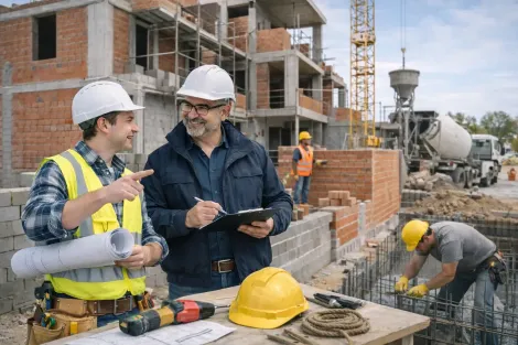 Un plano arquitectónico en primer plano, con un proyecto de construcción residencial al fondo.