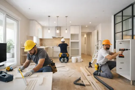  paredes de color beige, suelo de hormigón visto, un cubo blanco y escombros de construcción esparcidos.