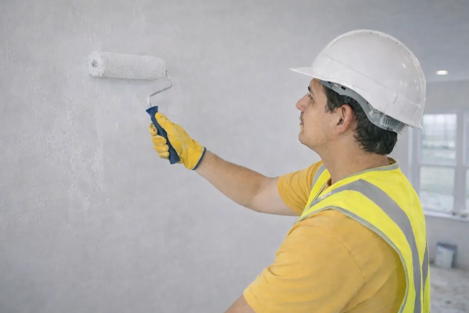 Una habitación sin terminar, en construcción, con paredes grises al descubierto
