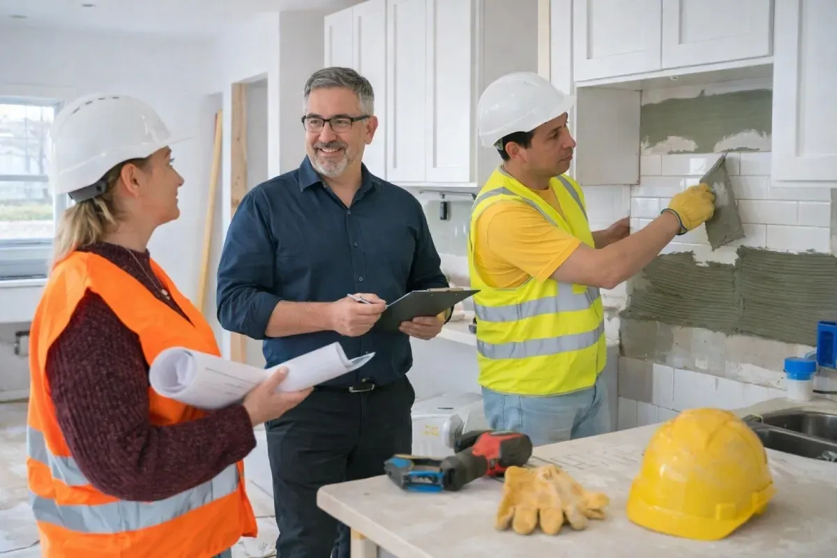 paredes de color beige, suelo de hormigón visto, un cubo blanco y escombros de construcción esparcidos.