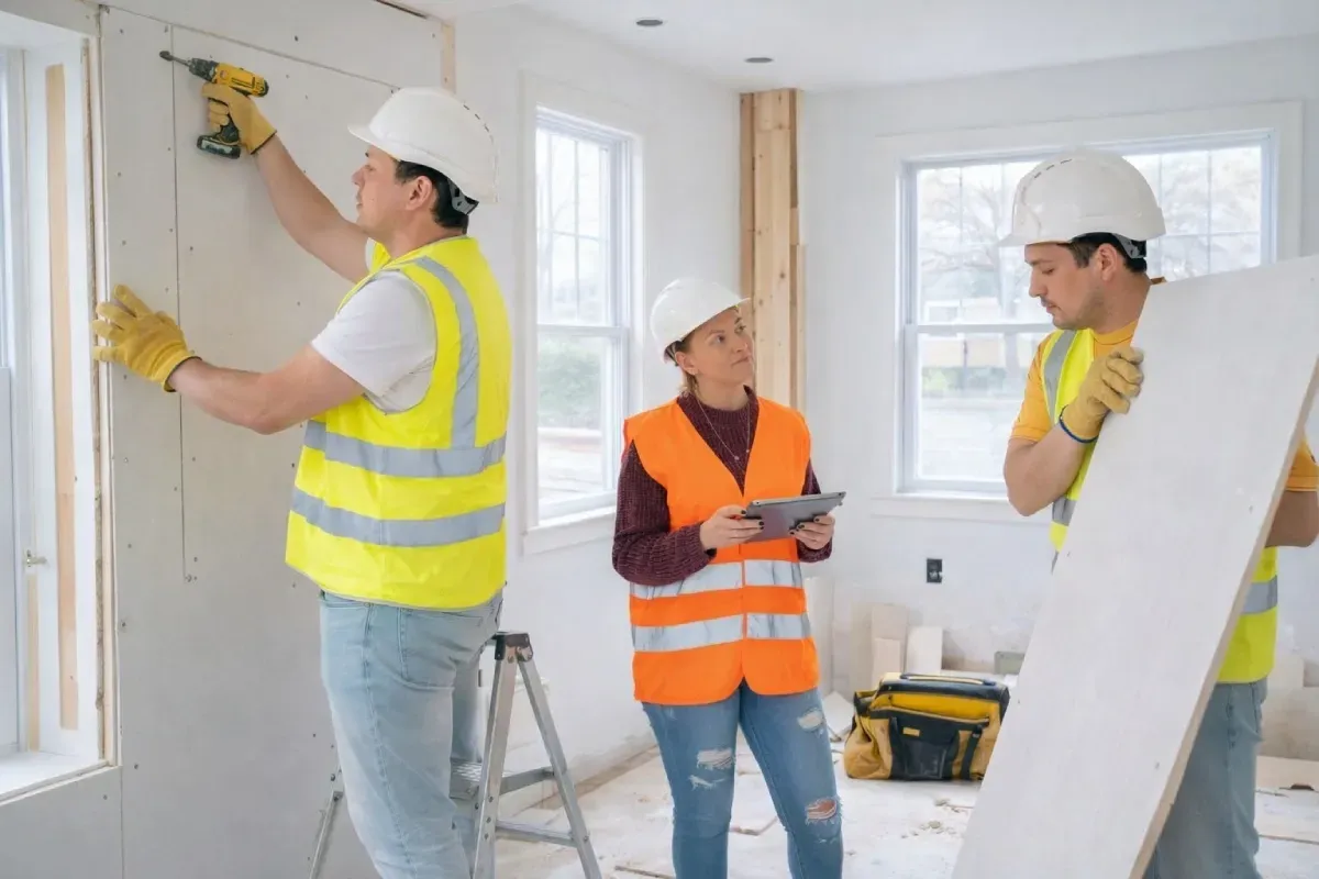 tablones de madera blanca en el suelo y una sierra ingletadora sobre un soporte.