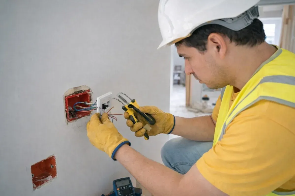 herramienta para manipular cables eléctricos conectados a un interruptor de pared dentro de una caja.