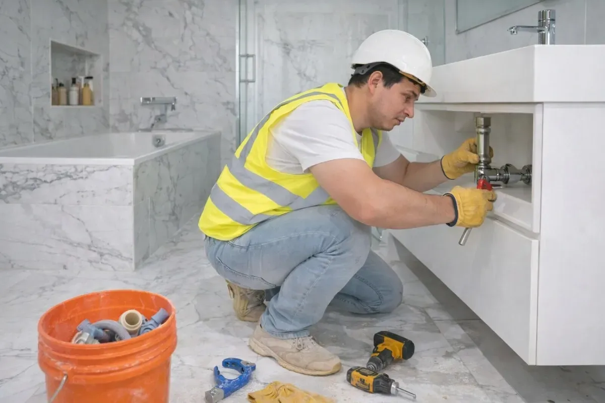 Un armario gris debajo del fregadero de la cocina y tuberías de fontanería visibles en la parte superior.