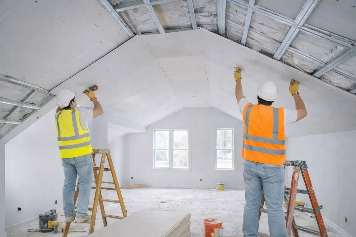 Un plano arquitectónico en primer plano, con un proyecto de construcción residencial al fondo.