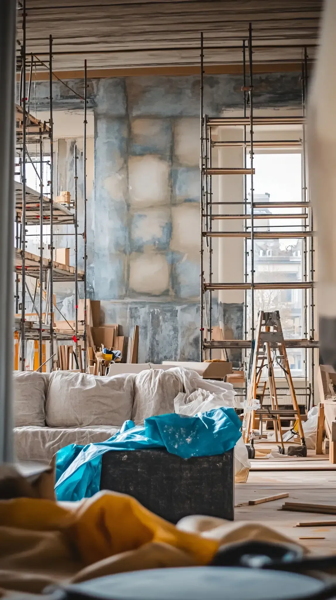 En el interior de una habitación en obras, se observa un andamio, con un sofá cubierto.