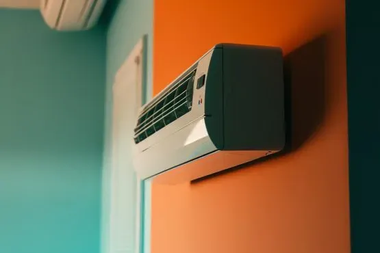 Un acondicionador de aire está colgado en la pared de una habitación.