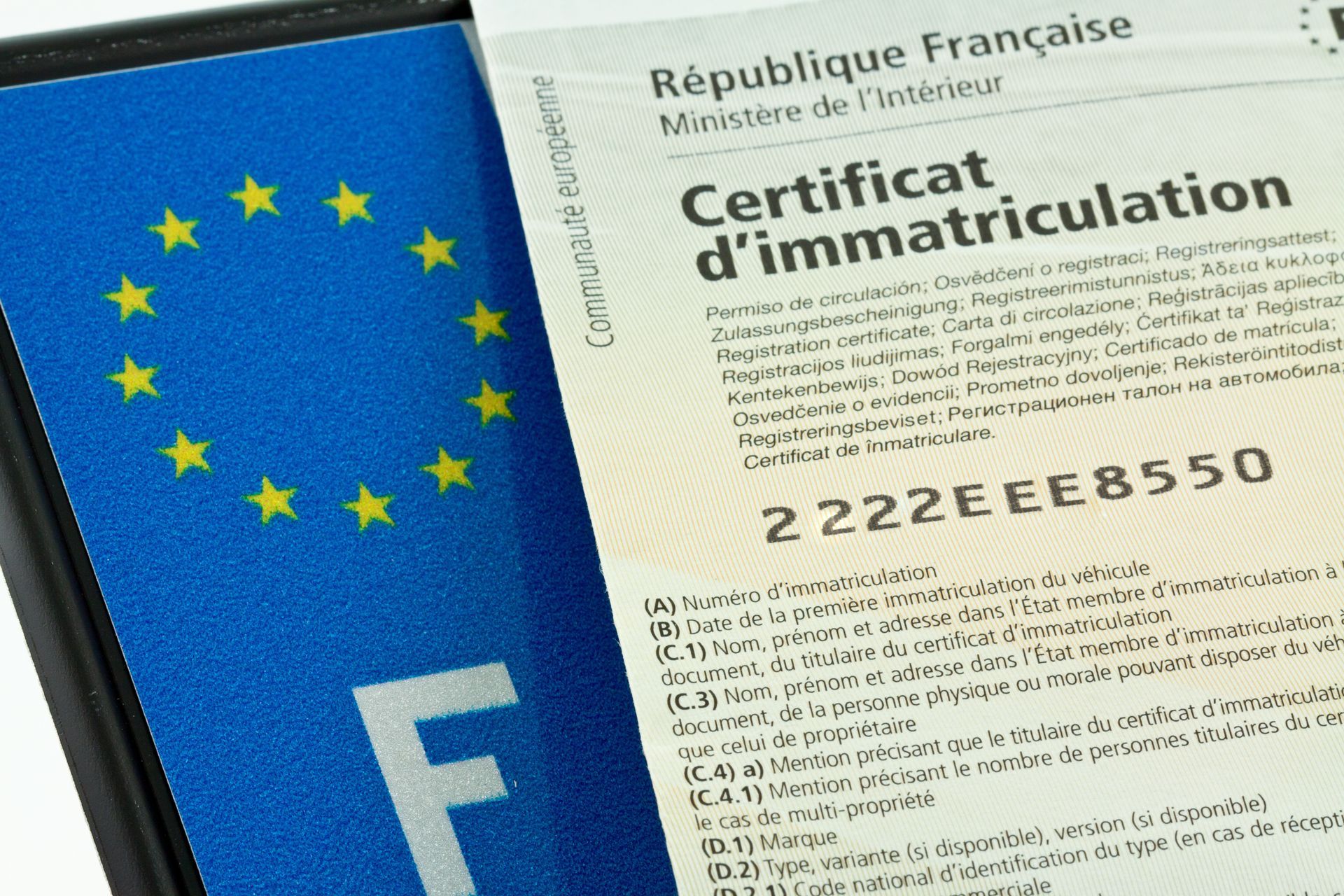 Carte grise et plaque d'immatriculation l'une sous l'autre