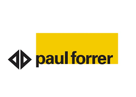 Logo für Paul Forrer: eine schwarze, rautenförmige Gestalt neben dem Text 