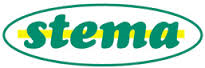Das Stema-Logo besteht aus grüner Schrift mit einem gelben Strich in einem ovalen grünen Rahmen.