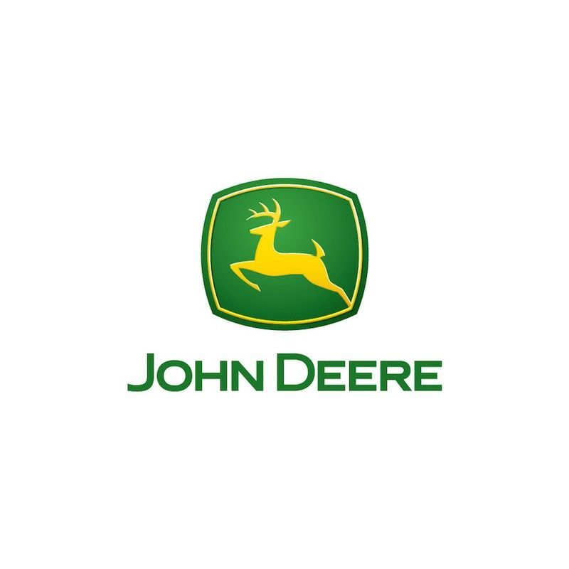 John Deere Logo: grüner Schild mit einem gelben Hirsch und dem Schriftzug „JOHN DEERE“ darunter.