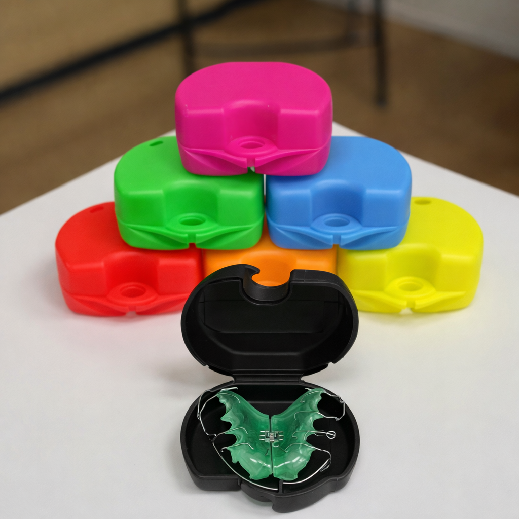 Eine Hand mit blauem Handschuh hält einen leuchtenden Zahnquerschnitt. Blauer Hintergrund mit Lichtspuren.