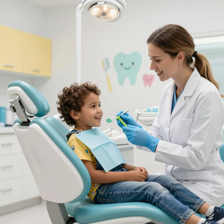 Dentista sonríe a un niño en el sillón dental durante una revisión, con babero azul y herramientas en una clínica luminosa.