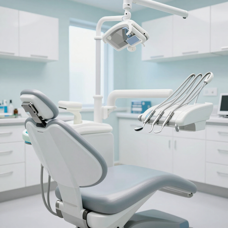 Clínica dental moderna con sillón vacío, lámpara de exploración superior y bandeja de instrumentos.