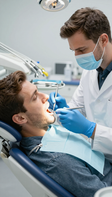 Un dentista, con mascarilla, examina a un paciente en un sillón dental con guantes azules y instrumental.