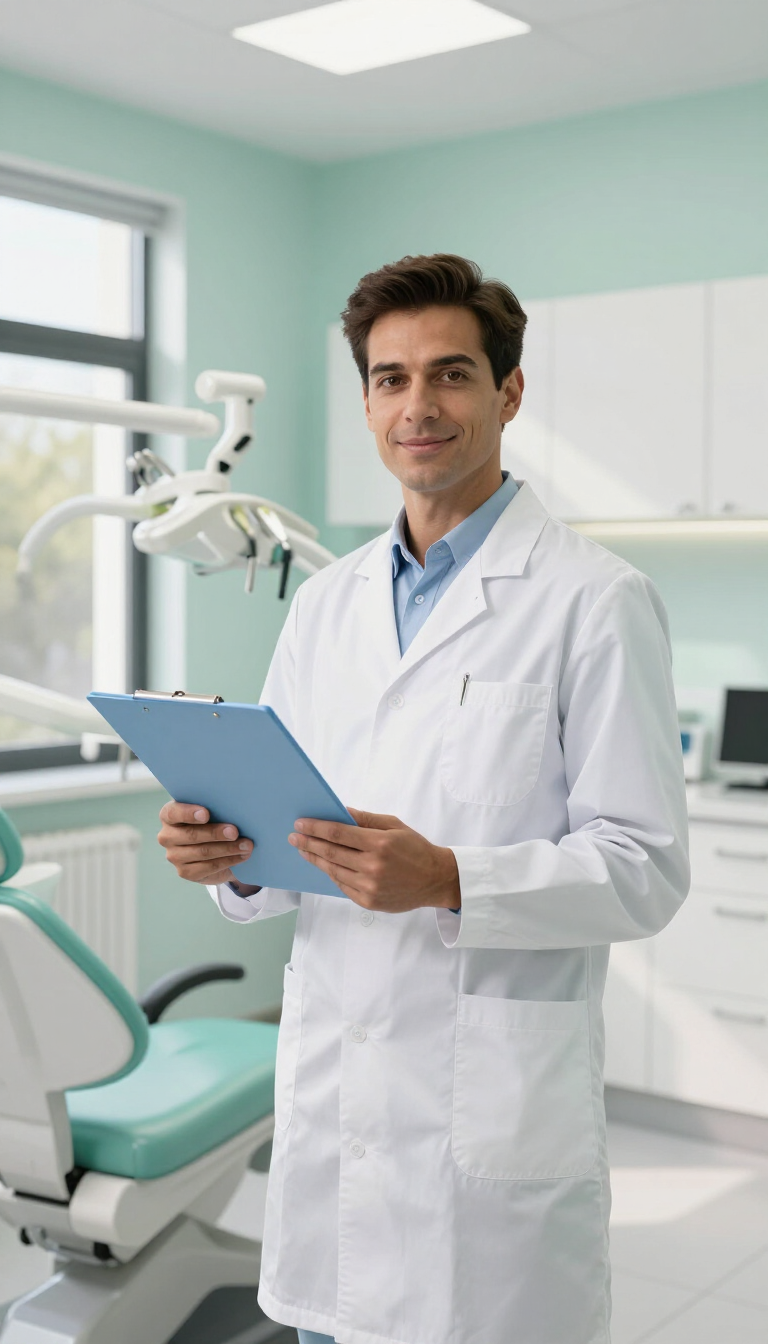 Médico con bata blanca sosteniendo un portapapeles azul en una luminosa clínica dental.