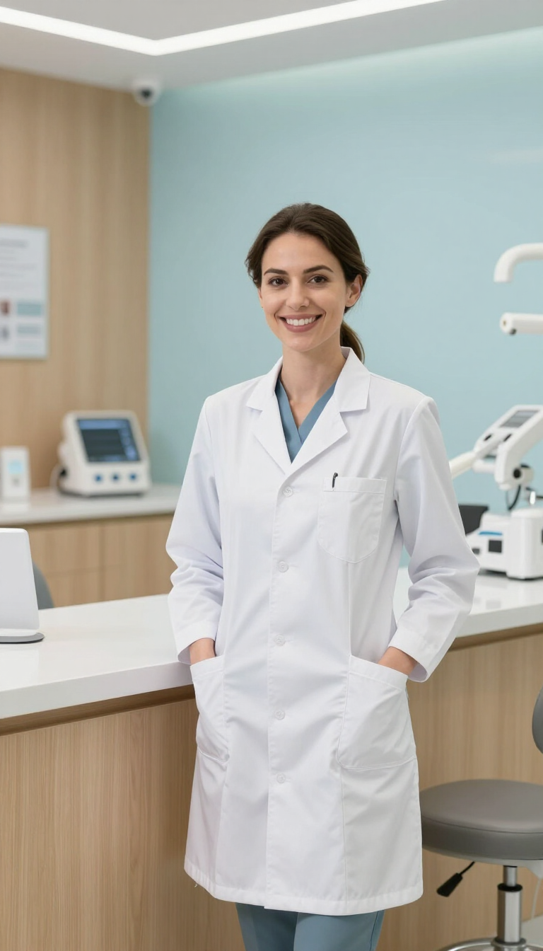 Una doctora sonriente con bata blanca se encuentra en una clínica moderna, con equipo médico detrás de ella.