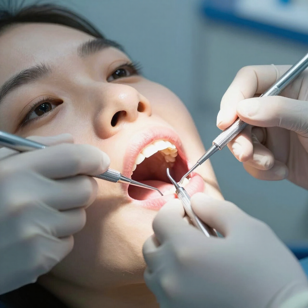 Un dentista, con mascarilla, examina a un paciente en un sillón dental con guantes azules y instrumental.