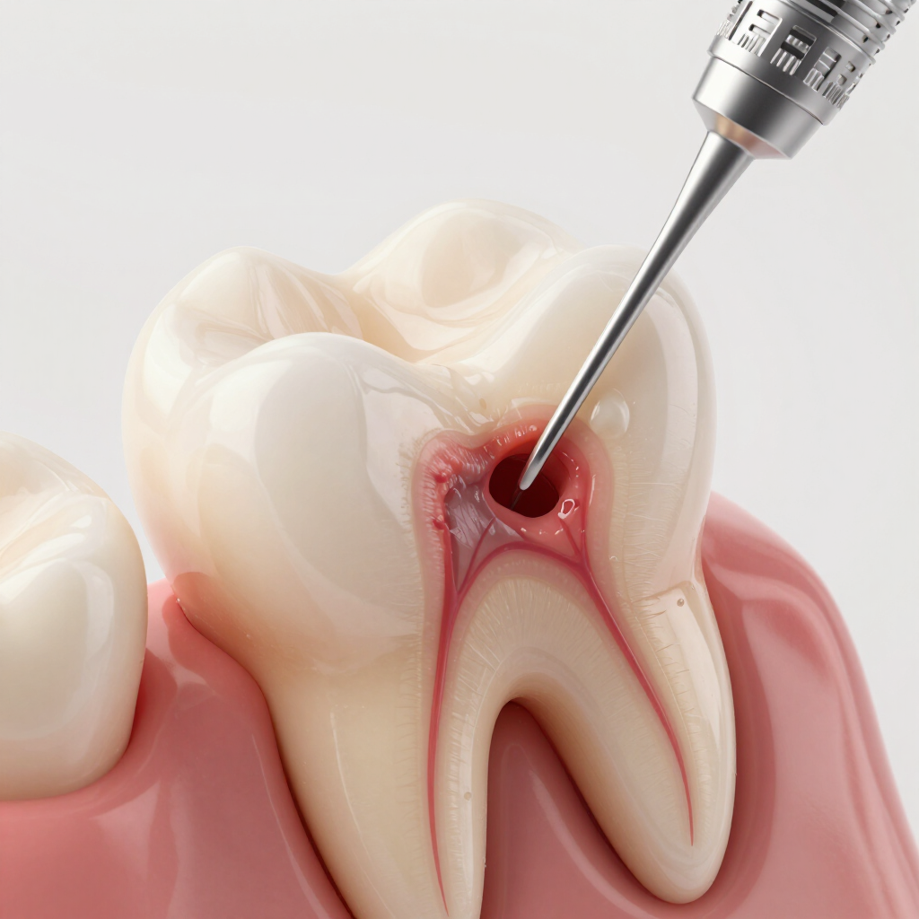 Un taladro dental tratando una caries durante un procedimiento de conducto radicular.