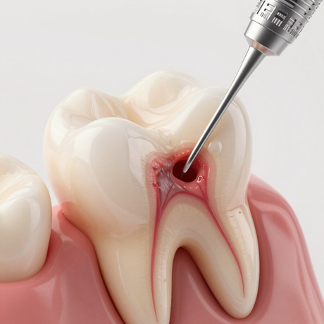 Un taladro dental tratando una caries durante un procedimiento de conducto radicular.