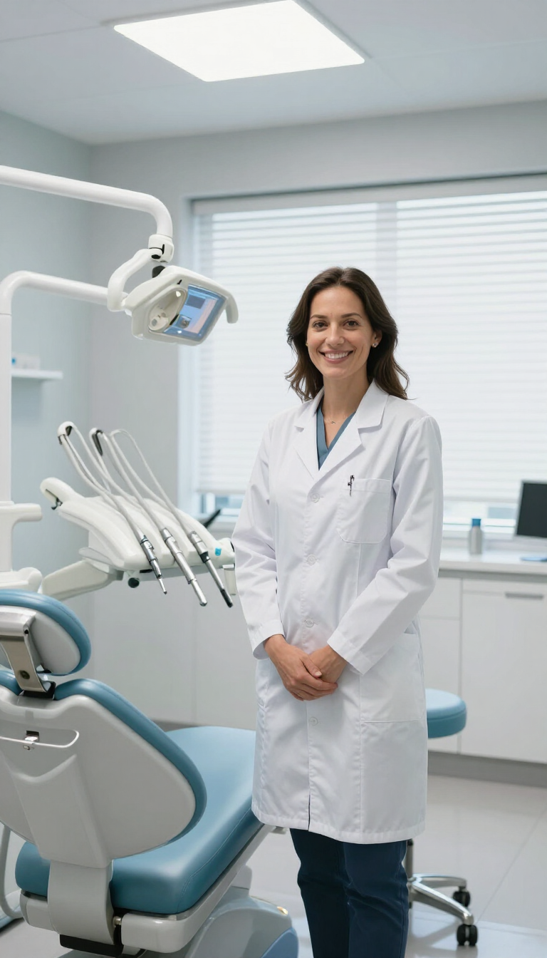 Un dentista de pie en una luminosa sala de exploración, junto a un sillón dental y una luz cenital, sonríe a la cámara.