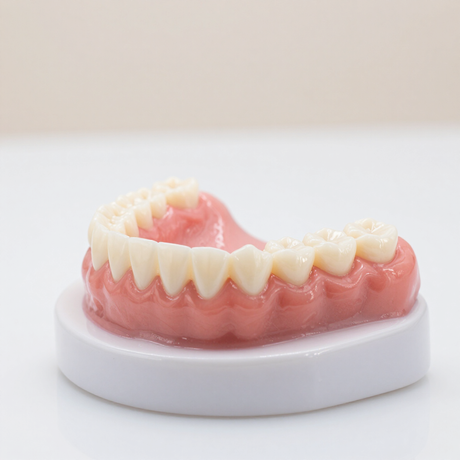 Modelo dental rosa con prótesis dentales superior e inferior sobre un soporte blanco.