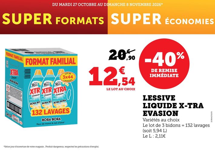 40 % de remise immédiate sur le carton de 3 bidons de lessive liquide X-TRA Évasion. 12,54 € le lot au choix au lieu de 20,90 €. Variétés au choix, le lot de 3 bidons est égal à 132 lavages (soit 5,94 litres). Le prix du litre : 2,11 €.
