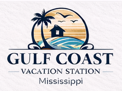 Logo for Gulf Coast Vacation Station Mississippi featuring a palm tree, a beach cottage, and waves inside a circular frame.